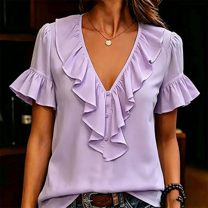 Women's Ruffle V-Neck Button Front Blouse