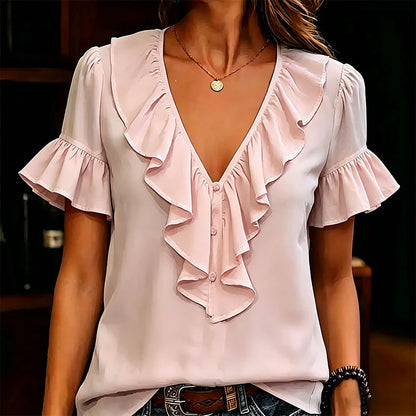 Women's Ruffle V-Neck Button Front Blouse