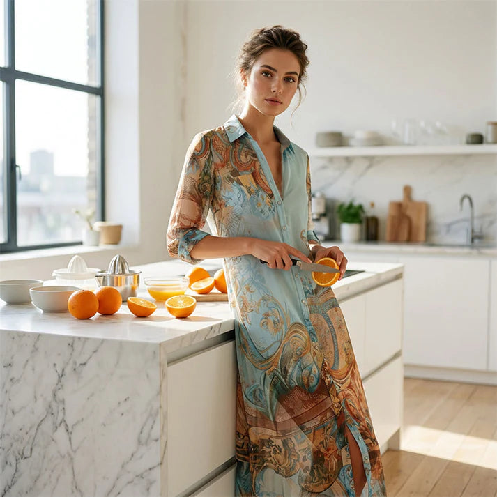 Women's Printed Button Front Maxi Dress