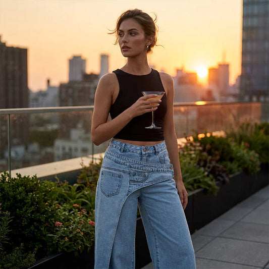 Women's Asymmetrical Waist Wide-Leg Jeans