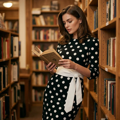 Women's Polka Dot Tie Waist Midi Dress