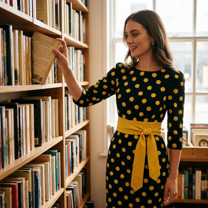 Women's Polka Dot Tie Waist Midi Dress