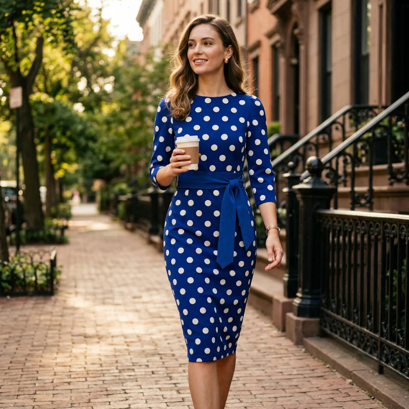 Women's Polka Dot Tie Waist Midi Dress