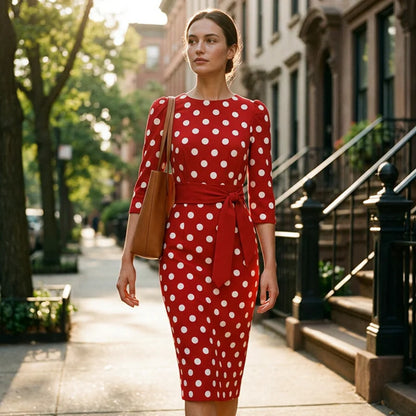 Women's Polka Dot Tie Waist Midi Dress