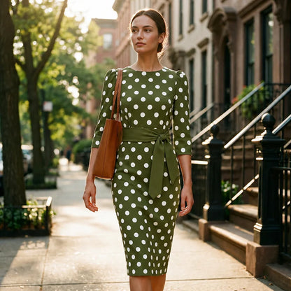 Women's Polka Dot Tie Waist Midi Dress