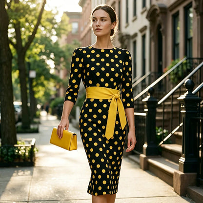 Women's Polka Dot Tie Waist Midi Dress