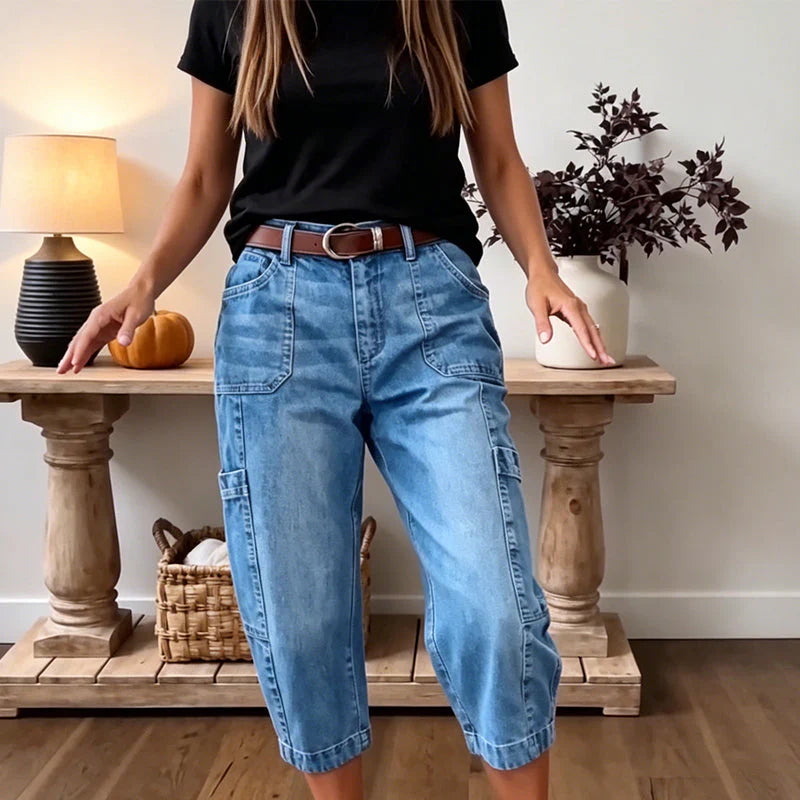 Women's Casual Cropped Denim Cargo Pants