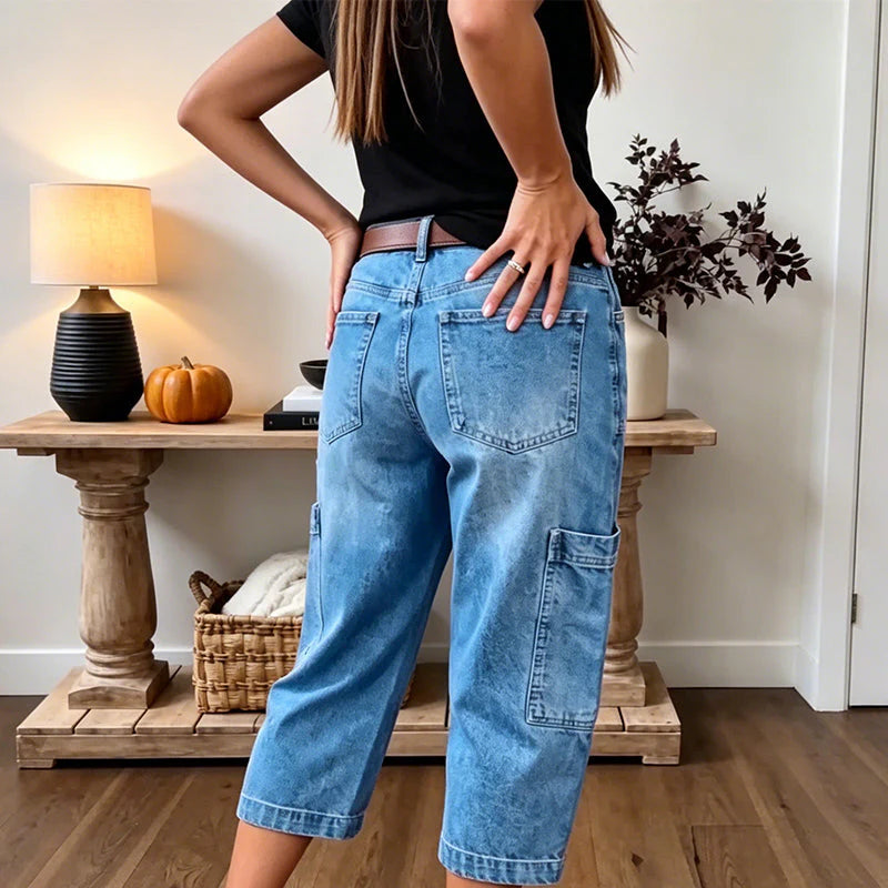 Women's Casual Cropped Denim Cargo Pants