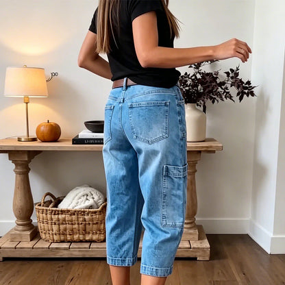Women's Casual Cropped Denim Cargo Pants