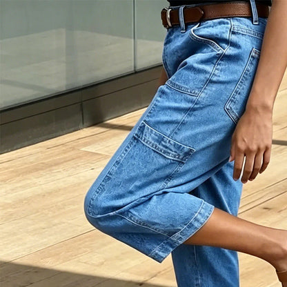 Women's Casual Cropped Denim Cargo Pants