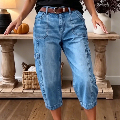 Women's Casual Cropped Denim Cargo Pants