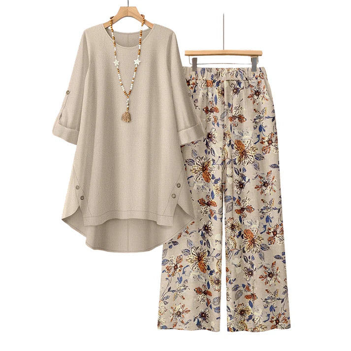 Women's Cotton Linen Tunic Top & Wide Leg Pants Set