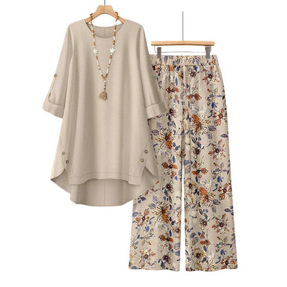 Women's Cotton Linen Tunic Top & Wide Leg Pants Set
