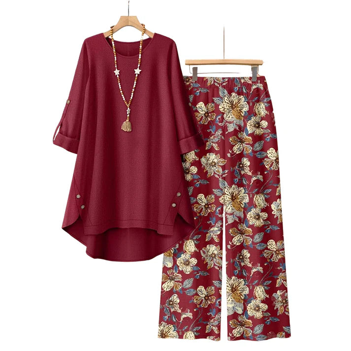 Women's Cotton Linen Tunic Top & Wide Leg Pants Set