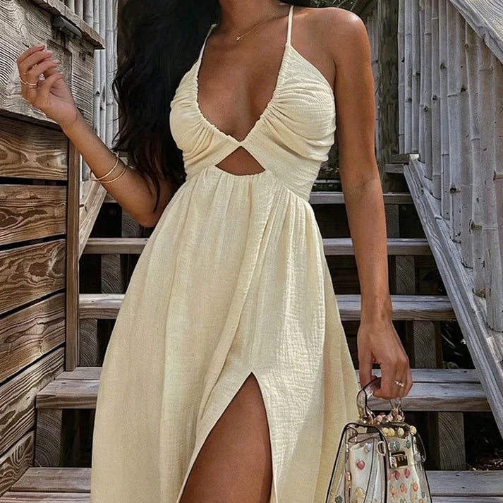 Women's Halter V-Neck Cutout High Slit Dress