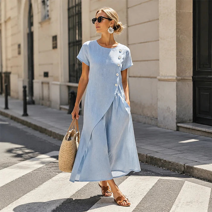 Women's Round Neck Button Detail Midi Dress