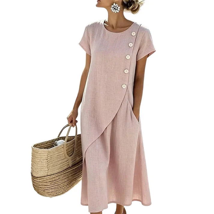 Women's Round Neck Button Detail Midi Dress