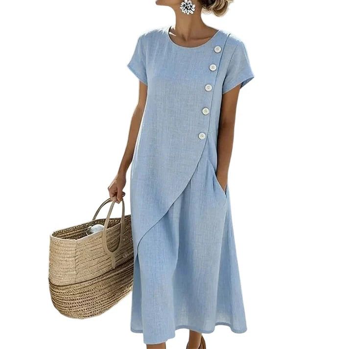Women's Round Neck Button Detail Midi Dress