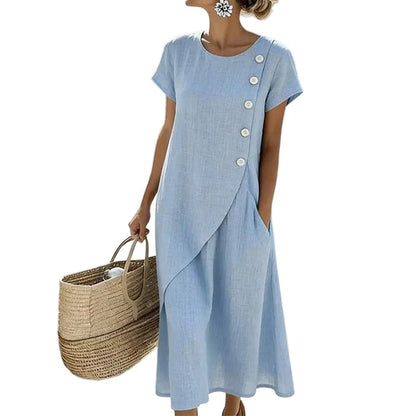 Women's Round Neck Button Detail Midi Dress