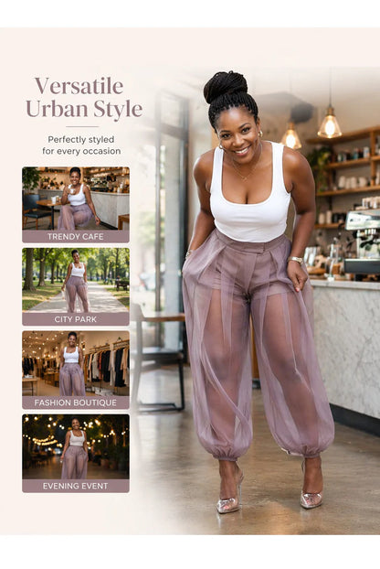 Women's Sheer Overlay Lantern Pants