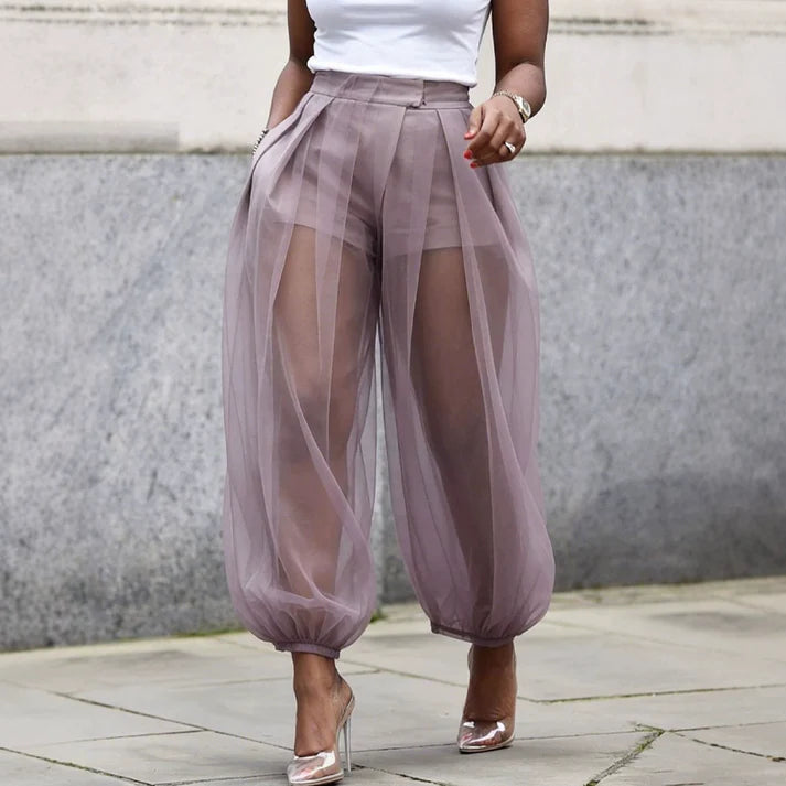 Women's Sheer Overlay Lantern Pants