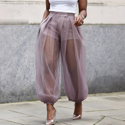 Women's Sheer Overlay Lantern Pants