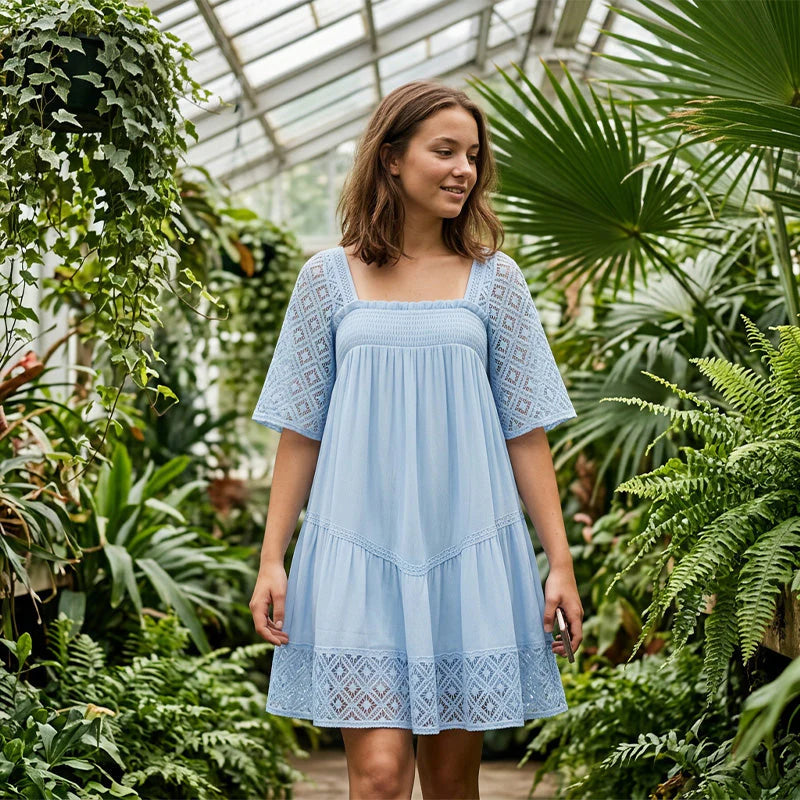 Women's Smocked Square Neck Lace Sleeve Dress
