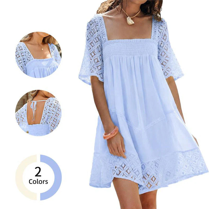 Women's Smocked Square Neck Lace Sleeve Dress