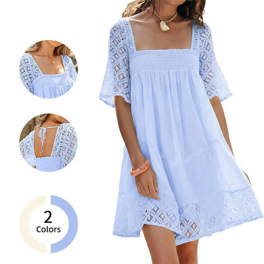 Women's Smocked Square Neck Lace Sleeve Dress