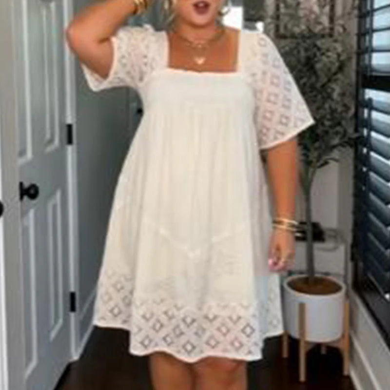 Women's Smocked Square Neck Lace Sleeve Dress