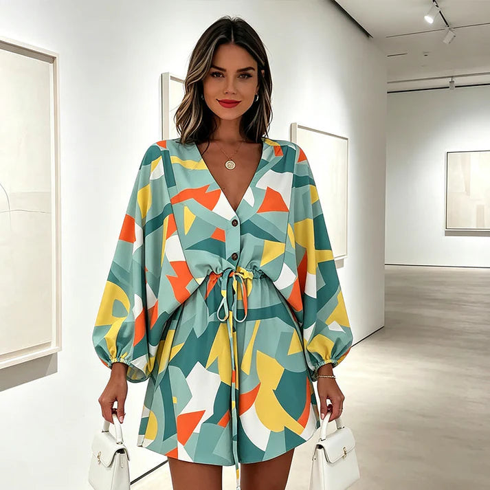 Women's V-Neck Long Sleeve Drawstring Dress