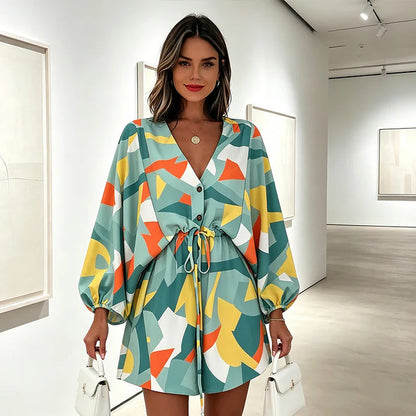 Women's V-Neck Long Sleeve Drawstring Dress