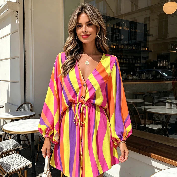 Women's V-Neck Long Sleeve Drawstring Dress
