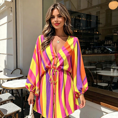 Women's V-Neck Long Sleeve Drawstring Dress