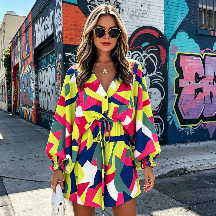 Women's V-Neck Long Sleeve Drawstring Dress