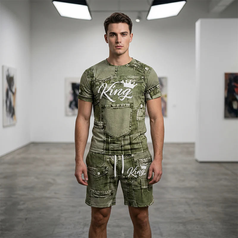 Men's Faux Denim Print T-Shirt and Shorts Set