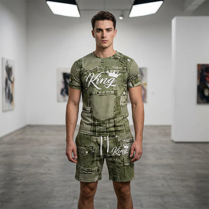 Men's Faux Denim Print T-Shirt and Shorts Set