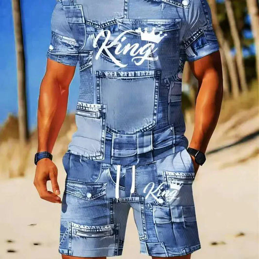 Men's Faux Denim Print T-Shirt and Shorts Set