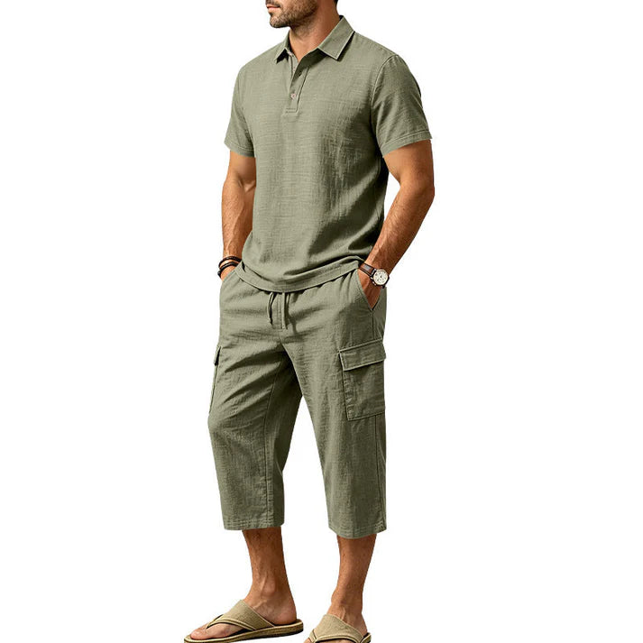 Men's Polo Shirt and Cargo Shorts Two-Piece Set