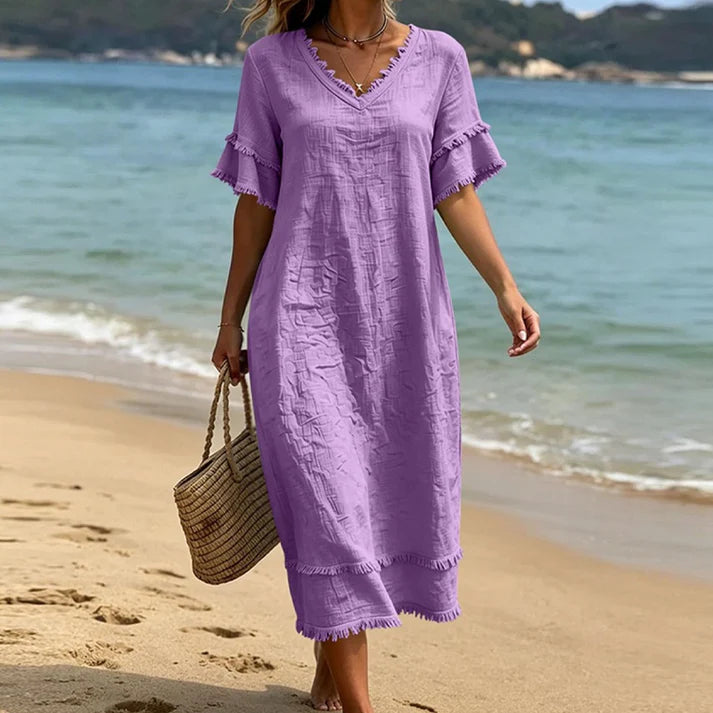 Women's V-Neck Ruffle Sleeve Midi Dress