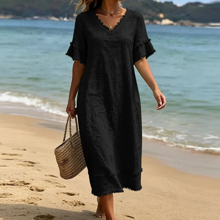 Women's V-Neck Ruffle Sleeve Midi Dress
