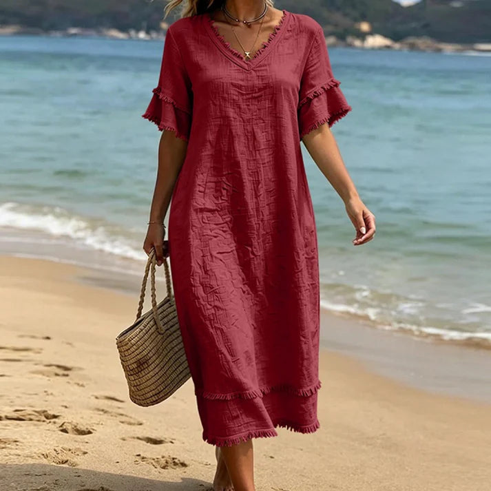 Women's V-Neck Ruffle Sleeve Midi Dress