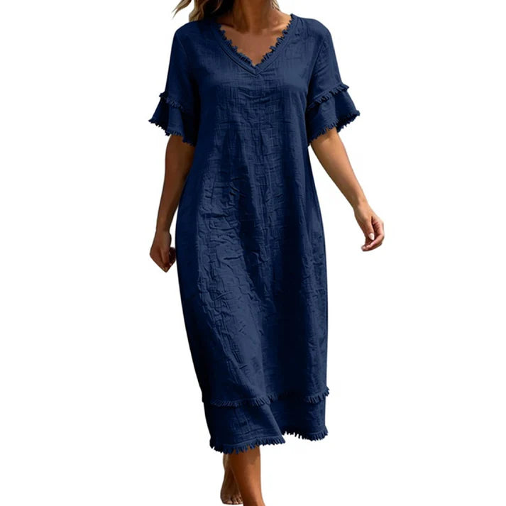 Women's V-Neck Ruffle Sleeve Midi Dress