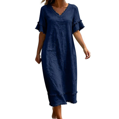 Women's V-Neck Ruffle Sleeve Midi Dress