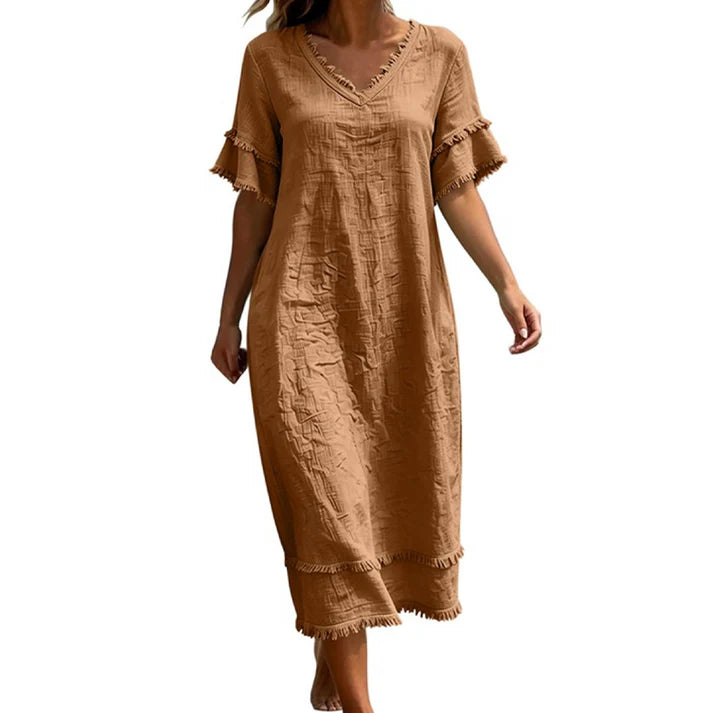 Women's V-Neck Ruffle Sleeve Midi Dress