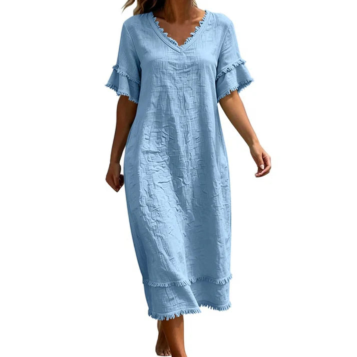 Women's V-Neck Ruffle Sleeve Midi Dress