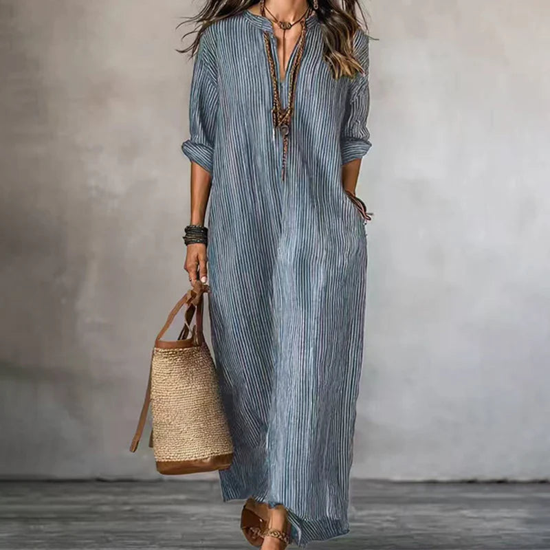 Women's V-Neck Striped Maxi Dress
