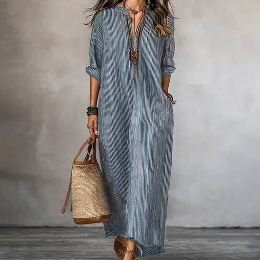 Women's V-Neck Striped Maxi Dress