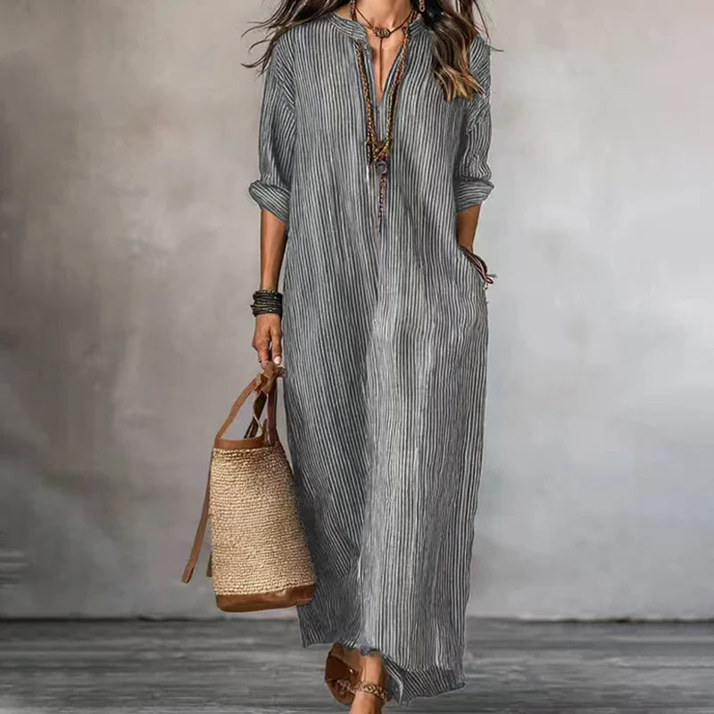 Women's V-Neck Striped Maxi Dress