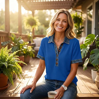 Women’s Button V-Neck Short-Sleeve Top